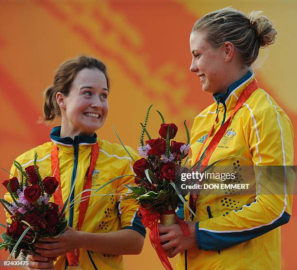 Sailors Elise Rechichi and Tessa Parkinson of Australia celebrate in the podium of the 470 women's class event of the 2008 Beijing Olympic Games...