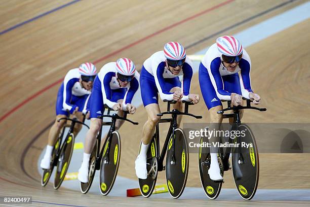 Paul Manning, Ed Clancy, Geraint Thomas and Bradley Wiggins of Great Britain compete in the Men's Team Pursuit Finals at the Laoshan Velodrome on Day...