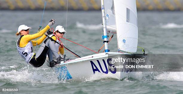 Sailors Elise Rechichi and Tessa Parkinson of Australia turn a mark during the 470 women's class event of the 2008 Beijing Olympic Games August 18,...