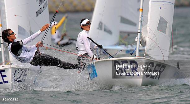 Sailors Stefanie Rothweiler and Vivien Kuzzatz of Germany race during the 470 women's class event of the 2008 Beijing Olympic Games August 18, 2008...