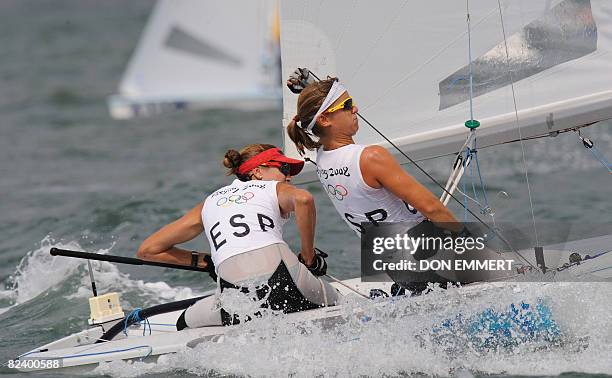 Sailors Natalia Via Dufresne and Laia Lluisa Tutzo of Spain during the 470 women's class event of the 2008 Beijing Olympic Games August 18, 2008 in...