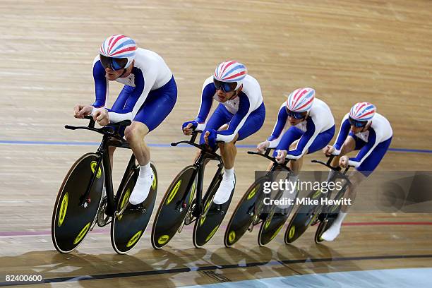 Paul Manning, Ed Clancy, Geraint Thomas and Bradley Wiggins of Great Britain compete in the Men's Team Pursuit Finals at the Laoshan Velodrome on Day...