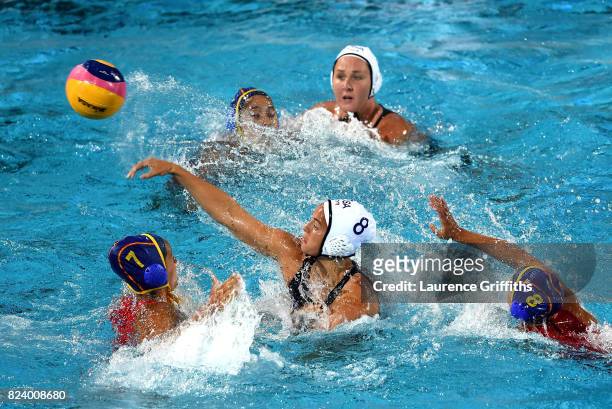 Kiley Neushul of the United States shoots on goal during the Women's Water Polo gold medal match between the United States and Spain on day fifteen...
