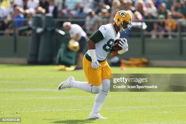 Green Bay Packers tight end Richard Rodgers catches a pass during Green Bay Packers Training Camp on July 28, 2017 at Ray Nitschke Field in Green...