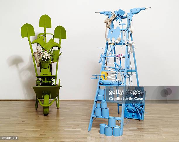 sculptures created from diy and gardening items - step stool stock pictures, royalty-free photos & images