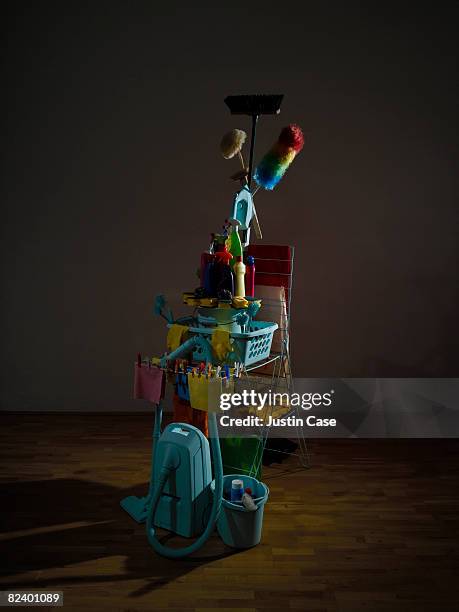 sculpture constructed from cleaning equipment - besen stock-fotos und bilder