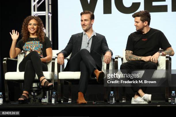 Actor Dora Madison, executive producer/actor James Van Der Beek and DJ Dillon Francis of 'What Would Diplo Do?' speak onstage during the Viceland...