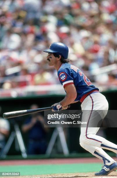 Bill Buckner of the Chicago Cubs bats against the Philadelphia Phillies at Veterans Stadium circa 1983 in Philadelphia,Pennsylvania.