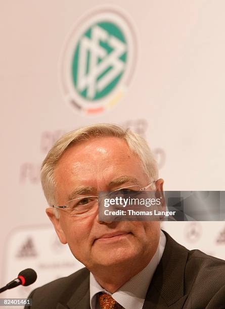 Horst R. Schmidt smiles during a press conference of the German national football team at the Adi Dassler Stadium on August 18, 2008 in...