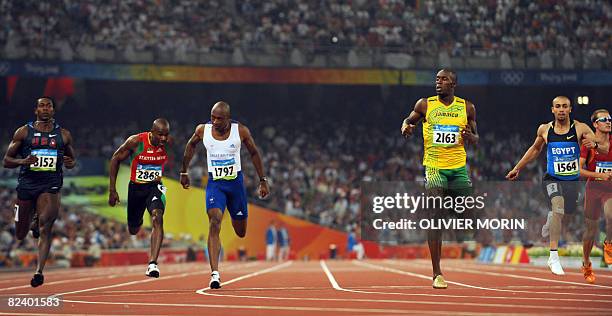 Shawn Crawford, St Kiits and Nevis Kim Collins, Great Britain's Marlon Devonish, Jamaican athlete Usain Bolt, Egypt Amr Seoud and Spain's Angel David...