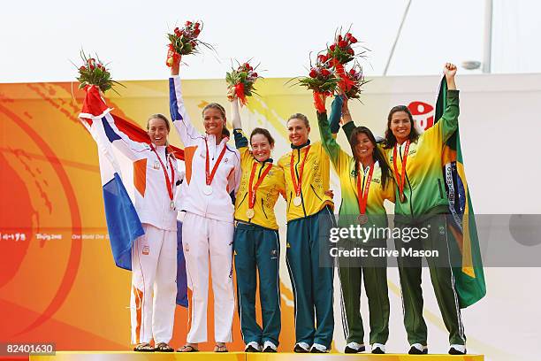 Silver medalists Marcelien De Koning and Lobke Berkhout of Netherlands, gold medalists Elise Rechichi and Tessa Parkinson of Australia and bronze...