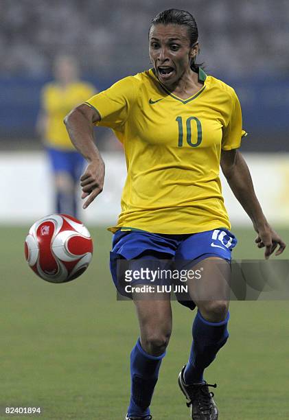 Marta of Brazil controls the ball during the 2008 Beijing Olympic Games women's semi-final football match Brazil vs Germany on August 18, 2008 at the...