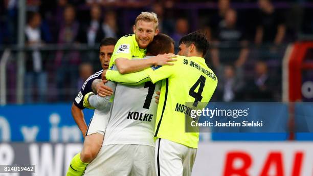 Patrick Funk, Markus Kolke and Sascha Mockenhaupt of Wehen Wiesbaden celebration the goal 0:3 for Wehen Wiesbaden during the 3. Liga match between...