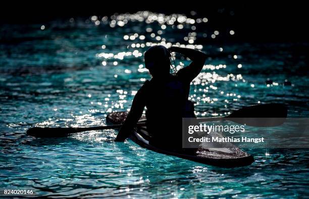 An athlete looks on during the Canoe Polo Women's match between New Zealand and Canada of The World Games at Orbita Outdoor Swimming Pool on July 28,...