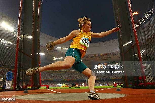 Dani Samuels of Australia competes in the Women's Discus Final at the National Stadium on Day 10 of the Beijing 2008 Olympic Games on August 18, 2008...