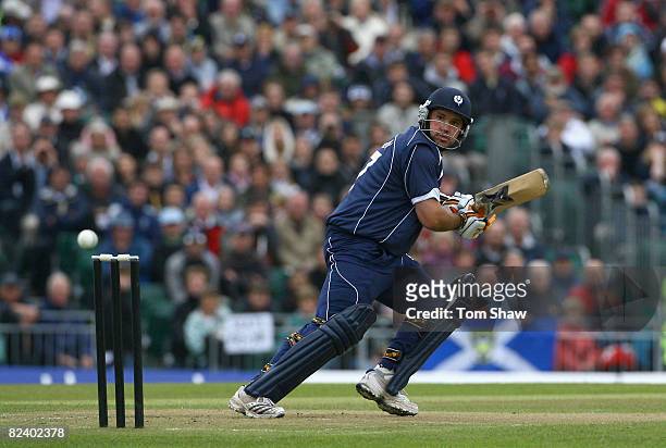 Ryan Watson of Scotland hits out during the One Day International match between Scotalnd and England at The Grange on August 18, 2008 in Edinburgh,...