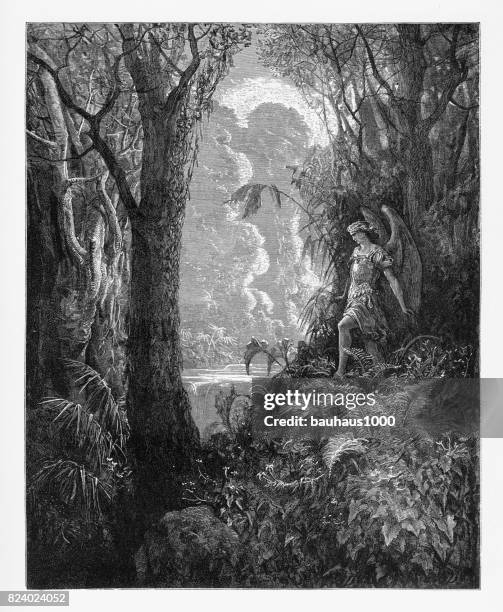 ein glücklich ländlichen nebel der verschiedenen ansicht viktorianischen gravur, 1885 - adam bibelfigur stock-grafiken, -clipart, -cartoons und -symbole