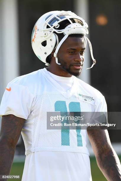 Wide receiver DeVante Parker of the Miami Dolphins looks on during training camp on July 27, 2017 at the Miami Dolphins training facility in Davie,...