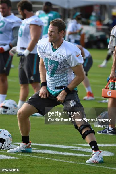 Quarterback Ryan Tannehill of the Miami Dolphins looks on during training camp on July 27, 2017 at the Miami Dolphins training facility in Davie,...