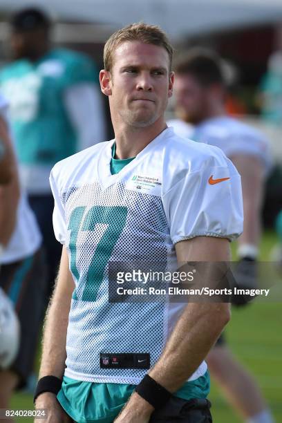 Quarterback Ryan Tannehill of the Miami Dolphins looks on during training camp on July 27, 2017 at the Miami Dolphins training facility in Davie,...