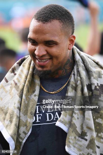 Mike Pouncey of the Miami Dolphins looks on during training camp on July 27, 2017 at the Miami Dolphins training facility in Davie, Florida.