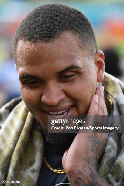 Mike Pouncey of the Miami Dolphins looks on during training camp on July 27, 2017 at the Miami Dolphins training facility in Davie, Florida.