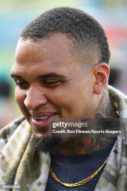 Mike Pouncey of the Miami Dolphins looks on during training camp on July 27, 2017 at the Miami Dolphins training facility in Davie, Florida.