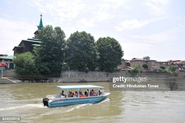 Motor-boat, issued by the government for trial run of waterway transportation on Jhelum River, on July 28, 2017 in Srinagar, India.