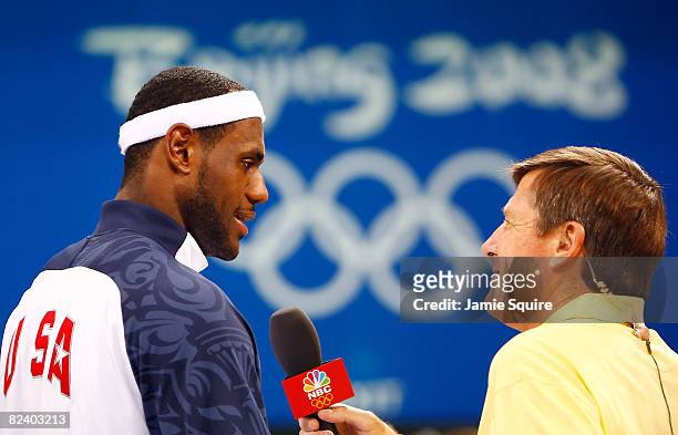 Lebron James of the United States is interviewed by Craig Sager of NBC after defeating Germany 106-57 in the men?s basketball preliminaries at the...