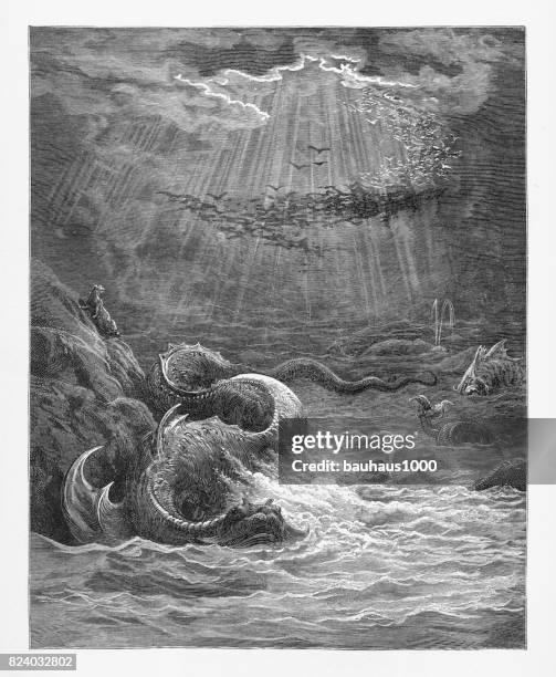 reptil mit pilzbrut reichlich, lebende seele viktorianischen gravur, 1885 - adam bibelfigur stock-grafiken, -clipart, -cartoons und -symbole