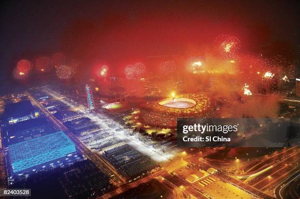 Summer Olympics: Aerial scenic view of fireworks over National Stadium . View of National Aquatics Center at Olympic Green. Beijing, China 8/8/2008...