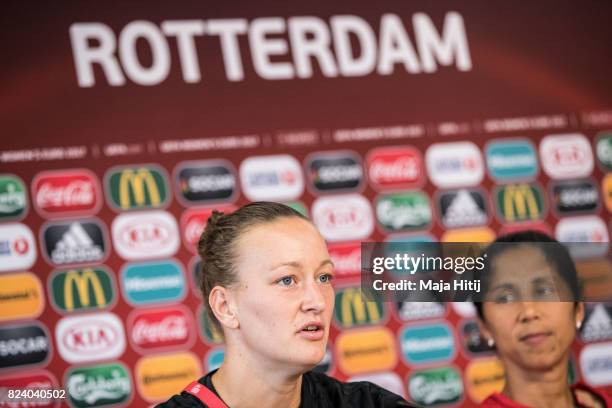 Almuth Schult of Germany speaks during a press conference next to Head Coach Steffi Jones prior the Quarter Final on July 28, 2017 in Rotterdam,...