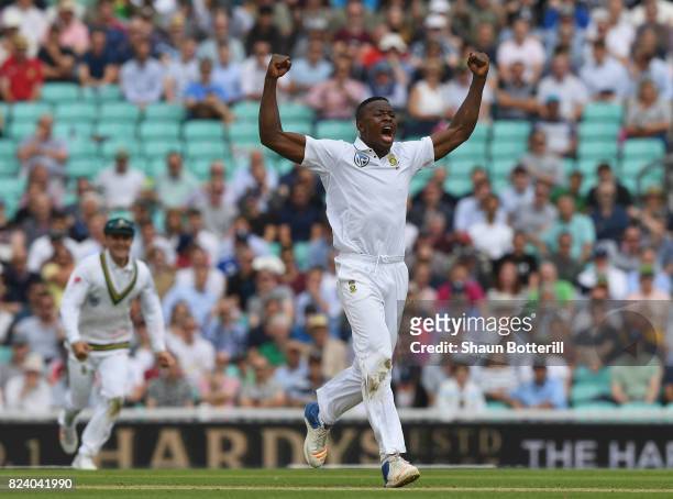 Kagiso Rabada of South Africa celebrates after taking the wicket of Jonny Bairstow of England on during day two of the 3rd Investec Test match...