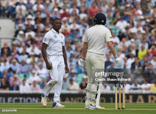 Kagiso Rabada of South Africa celebrates after taking the wicket of Jonny Bairstow of England on during day two of the 3rd Investec Test match...