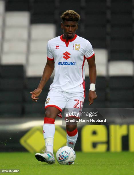 Aaron Tshibola of MK Dons in action during the pre-season friendly match between MK Dons and Leicester City at StadiumMK on July 28, 2017 in Milton...