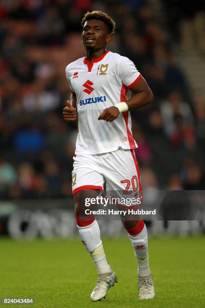 Aaron Tshibola of MK Dons in action during the pre-season friendly match between MK Dons and Leicester City at StadiumMK on July 28, 2017 in Milton...