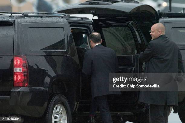 Outgoing White House Chief of Staff Reince Priebus climbs into a vehicle after stepping off of Air Force One July 28, 2017 in Joint Base Andrews,...