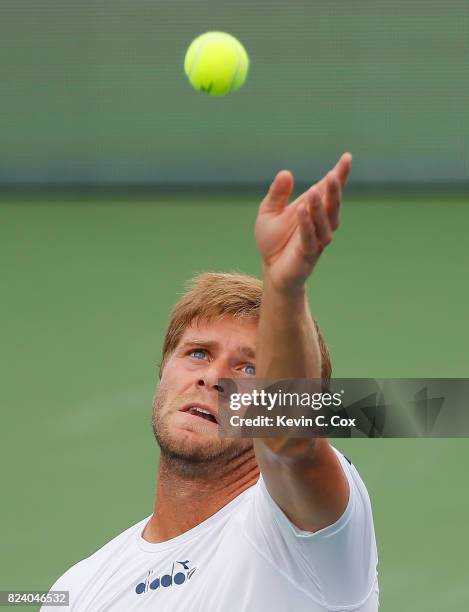 Ryan Harrison serves to Christopher Eubanks during the BB&T Atlanta Open at Atlantic Station on July 28, 2017 in Atlanta, Georgia.