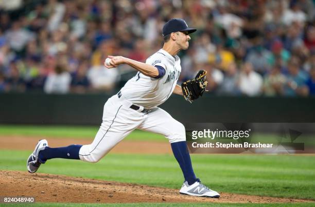 Reliever Steve Cishek of the Seattle Mariners delivers a pitch during a game against the Boston Red Sox at Safeco Field on July 25, 2017 in Seattle,...