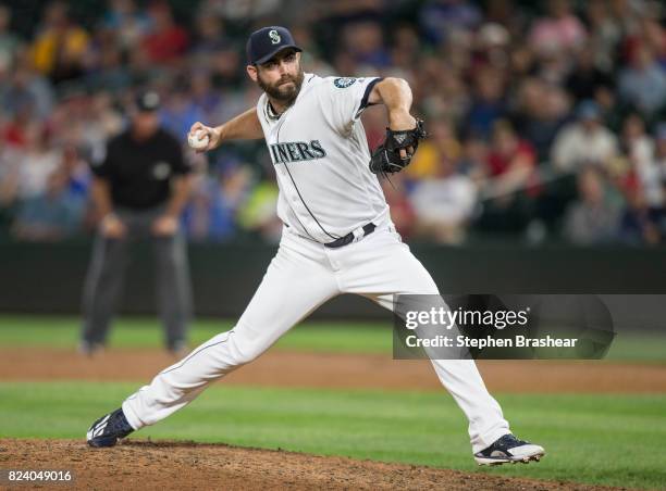 Reliever Tony Zych of the Seattle Mariners delivers a pitch during a game against the Boston Red Sox at Safeco Field on July 25, 2017 in Seattle,...