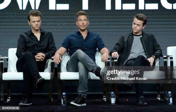 Matthew Lowe, executive producer Rob Lowe, John Owen Lowe of 'The Lowe Files ' speak onstage during the A+E Networks portion of the 2017 Summer...