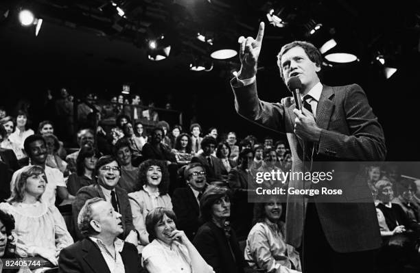 Comedian and late night television host, David Letterman, warms up his NBC studio audience prior to the taping of his popular 1982 New York, NY,...