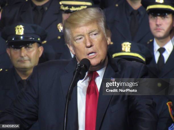 President Donald Trump speaks at Suffolk Community College on July 28, 2017 in Brentwood, New York. Trump, speaking close to where the violent street...