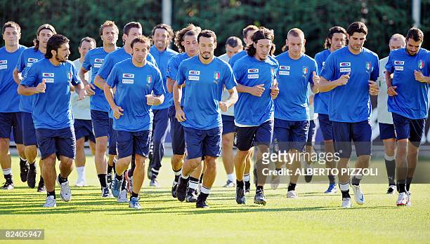 Italy's national football team players warm up Florence on August 18, 2008 during the team training session at the National Technical Center of...