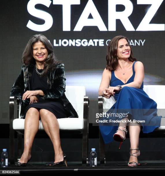 Actors Tracey Ullman and Hayley Atwell of 'Howards End' speak onstage during the Starz portion of the 2017 Summer Television Critics Association...