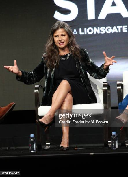 Actor Tracey Ullman of 'Howards End' speaks onstage during the Starz portion of the 2017 Summer Television Critics Association Press Tour at The...