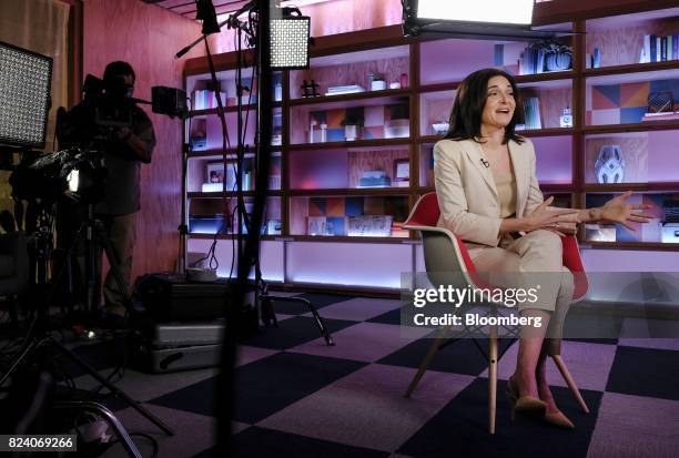 Sheryl Sandberg, chief operating officer of Facebook Inc., speaks during a Bloomberg Studio 1.0 television interview at Facebook headquarters in...