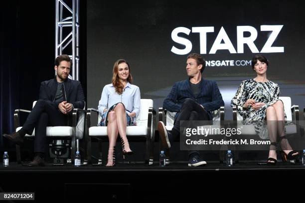 Actors Richard Rankin, Sophie Skelton, Tobias Menzies and Caitriona Balfe of 'Outlander' speak onstage during the Starz portion of the 2017 Summer...