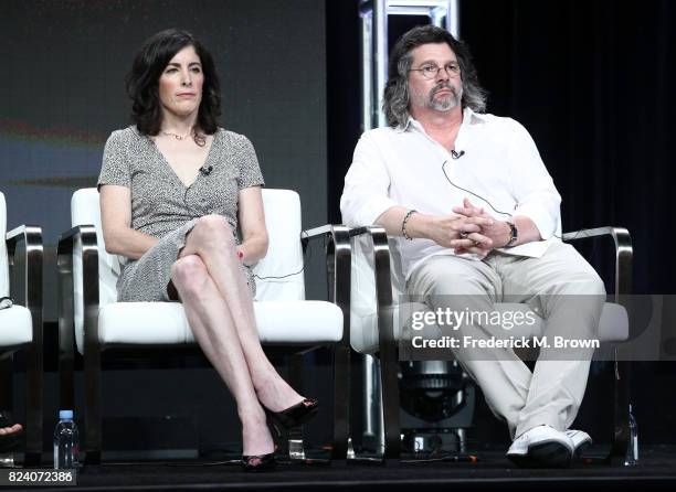 Executive producer Maril Davis and showrunner/writer/executive producer Ronald D. Moore of 'Outlander' speak onstage during the Starz portion of the...