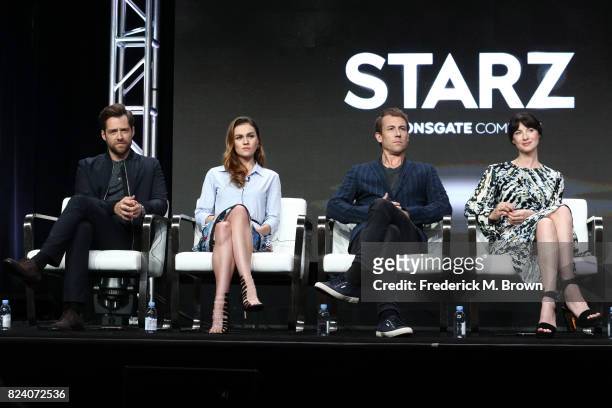 Actors Richard Rankin, Sophie Skelton, Tobias Menzies and Caitriona Balfe of 'Outlander' speak onstage during the Starz portion of the 2017 Summer...